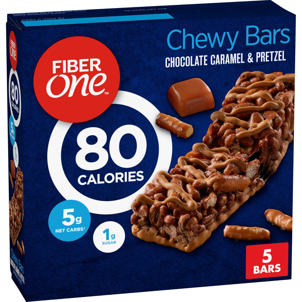 Fiber One 80 Calorie bar with chocolate caramel and pretzel drizzle—great for mindful snacking.