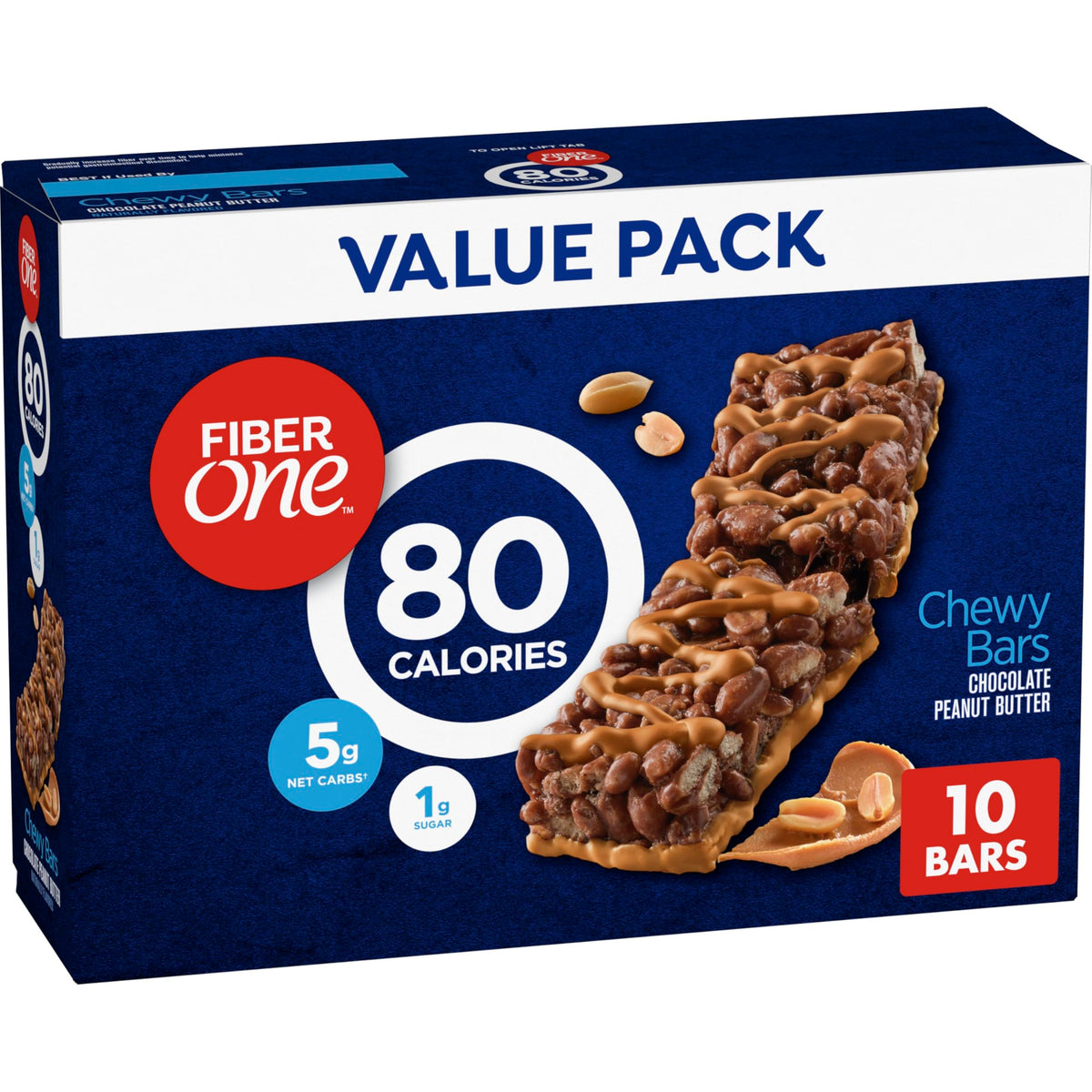 Fiber One 80 Calorie bar with chocolate peanut butter drizzle, a guilt-free snack choice.