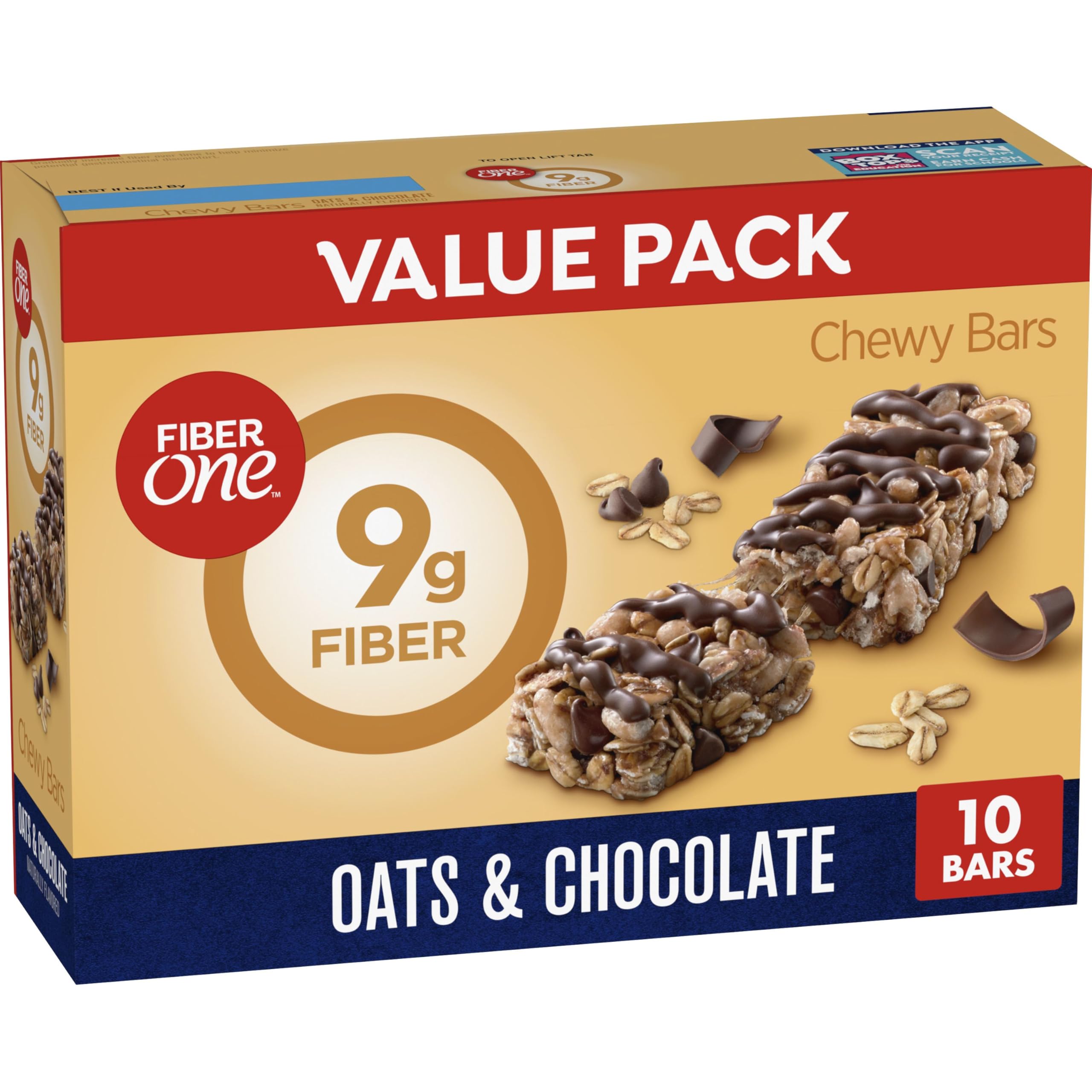 Fiber One Oats and Chocolate chewy bars box front for quick on-the-go snacking