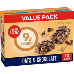Fiber One Oats and Chocolate chewy bars box front for quick on-the-go snacking