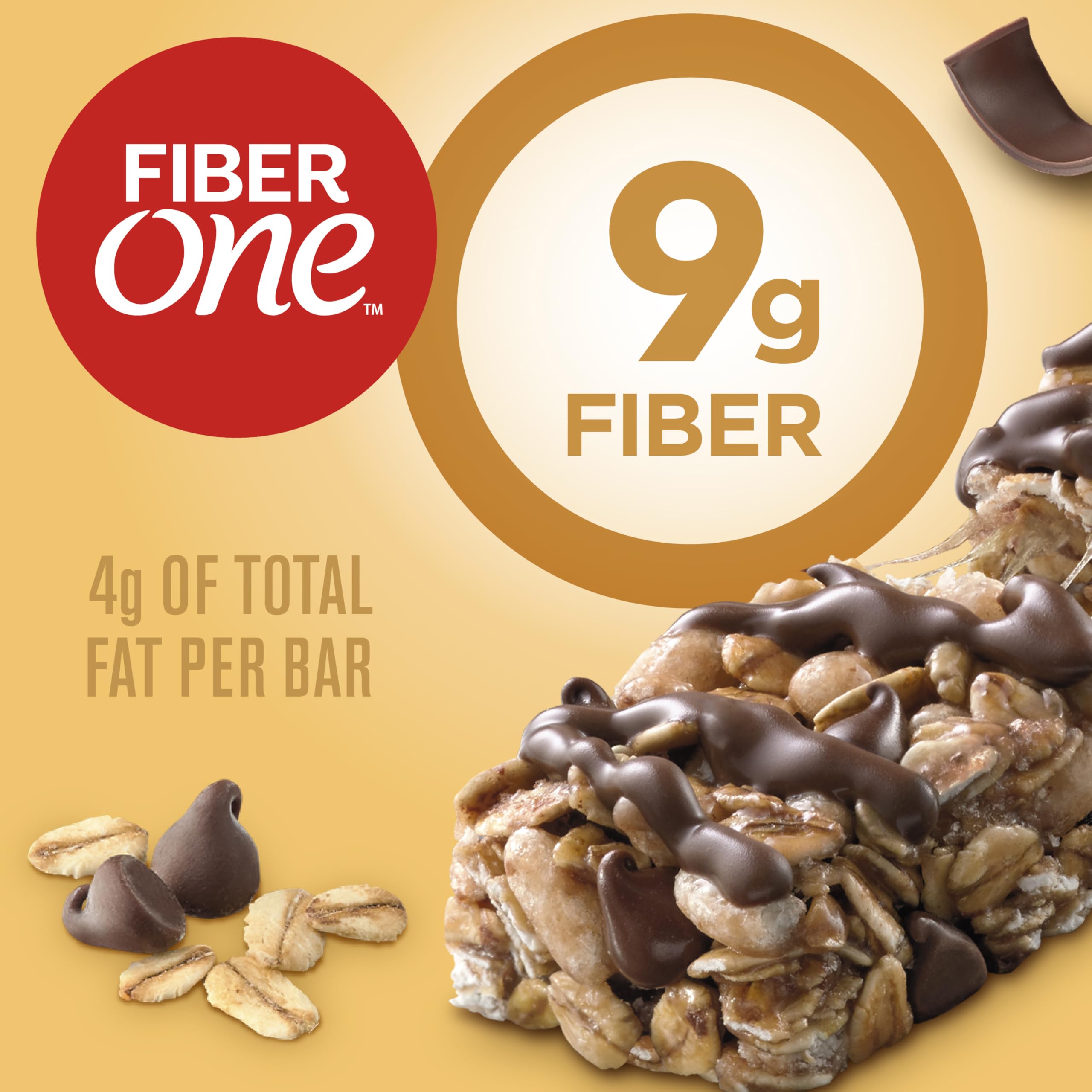 Fiber One chewy bars oats and chocolate pack on shelf, satisfying cravings with fiber