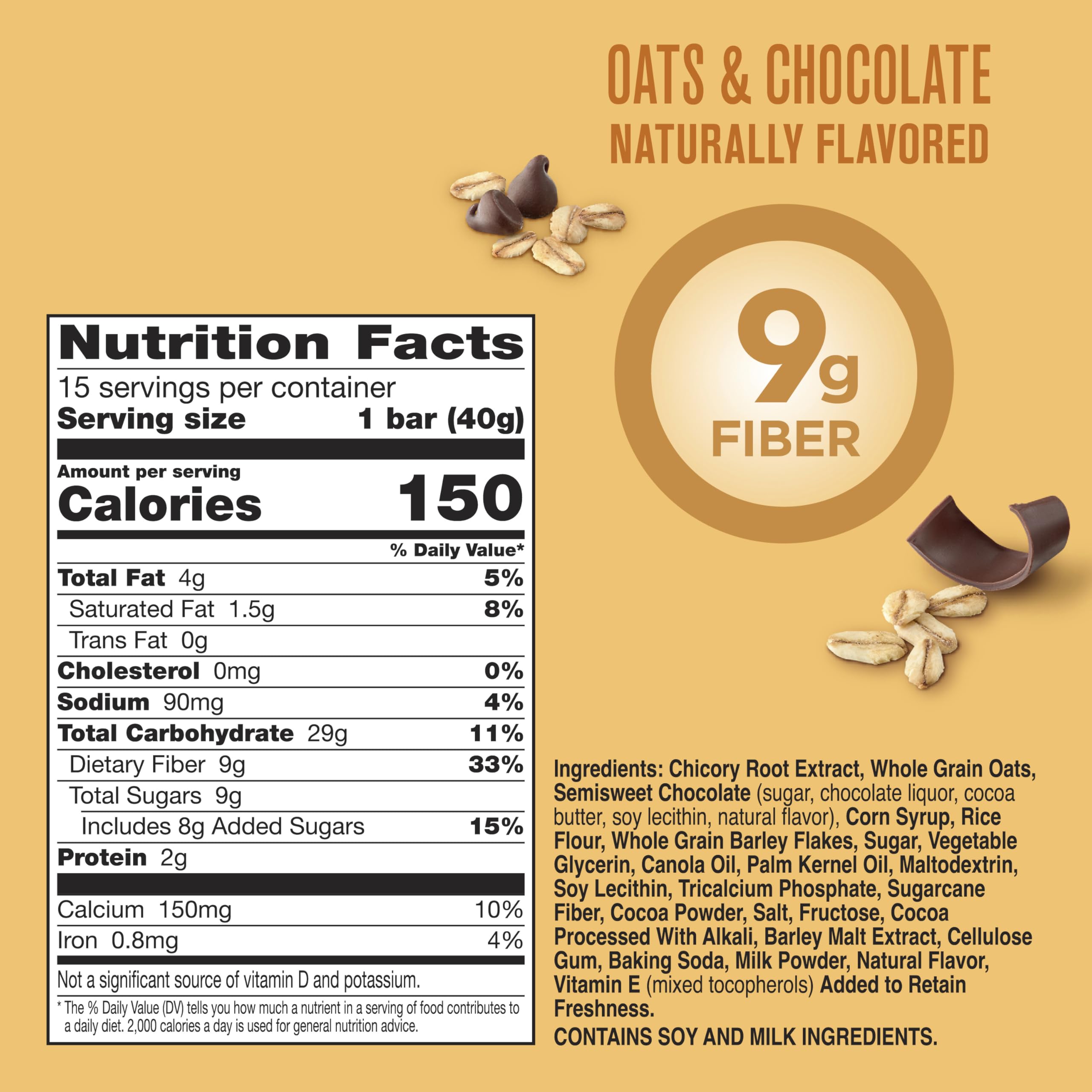 Close-up of Fiber One Chewy Bars with chocolate chips for indulgent flavor.