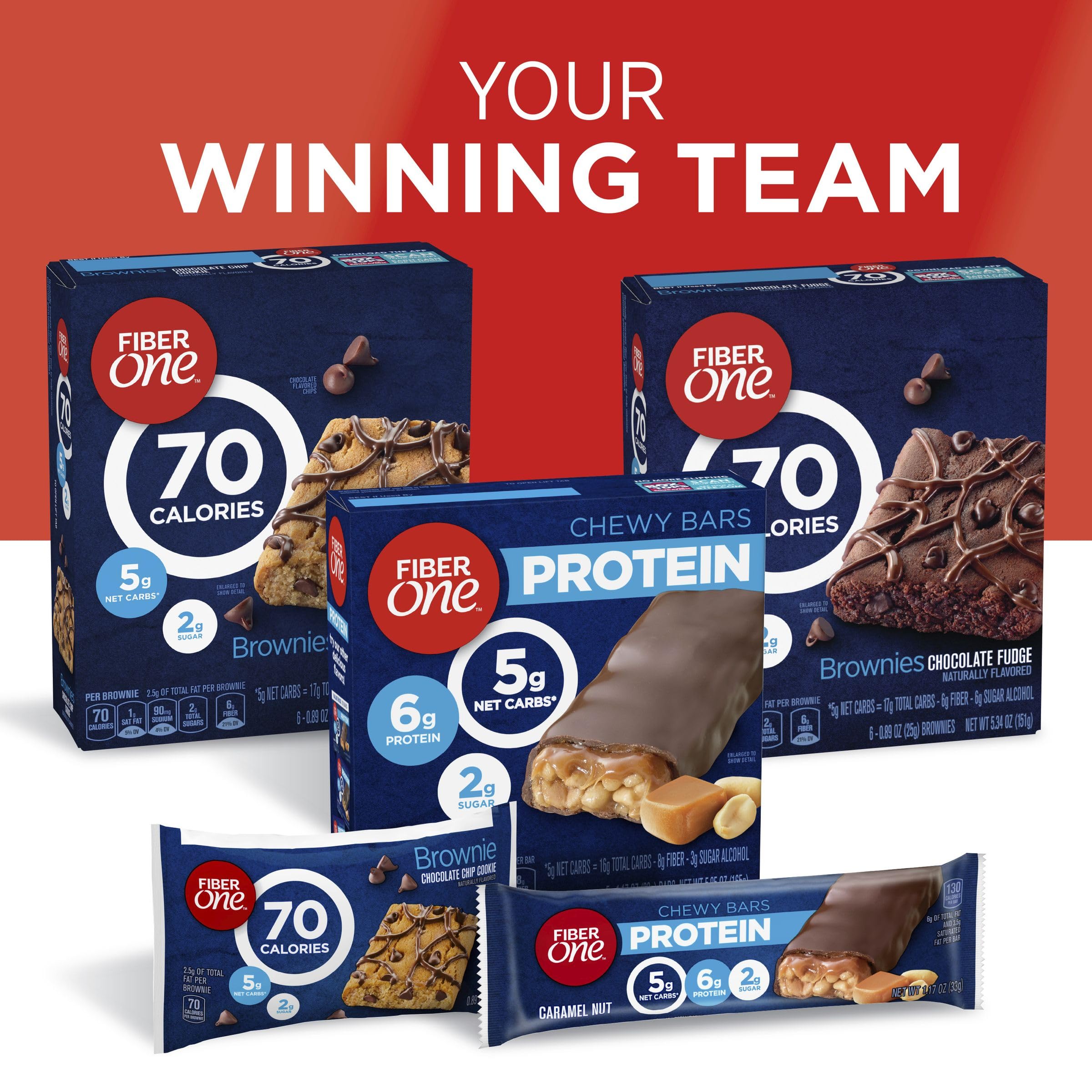 Fiber One chocolate-chip-cookie brownie close-up reinforces crave-worthy flavor.