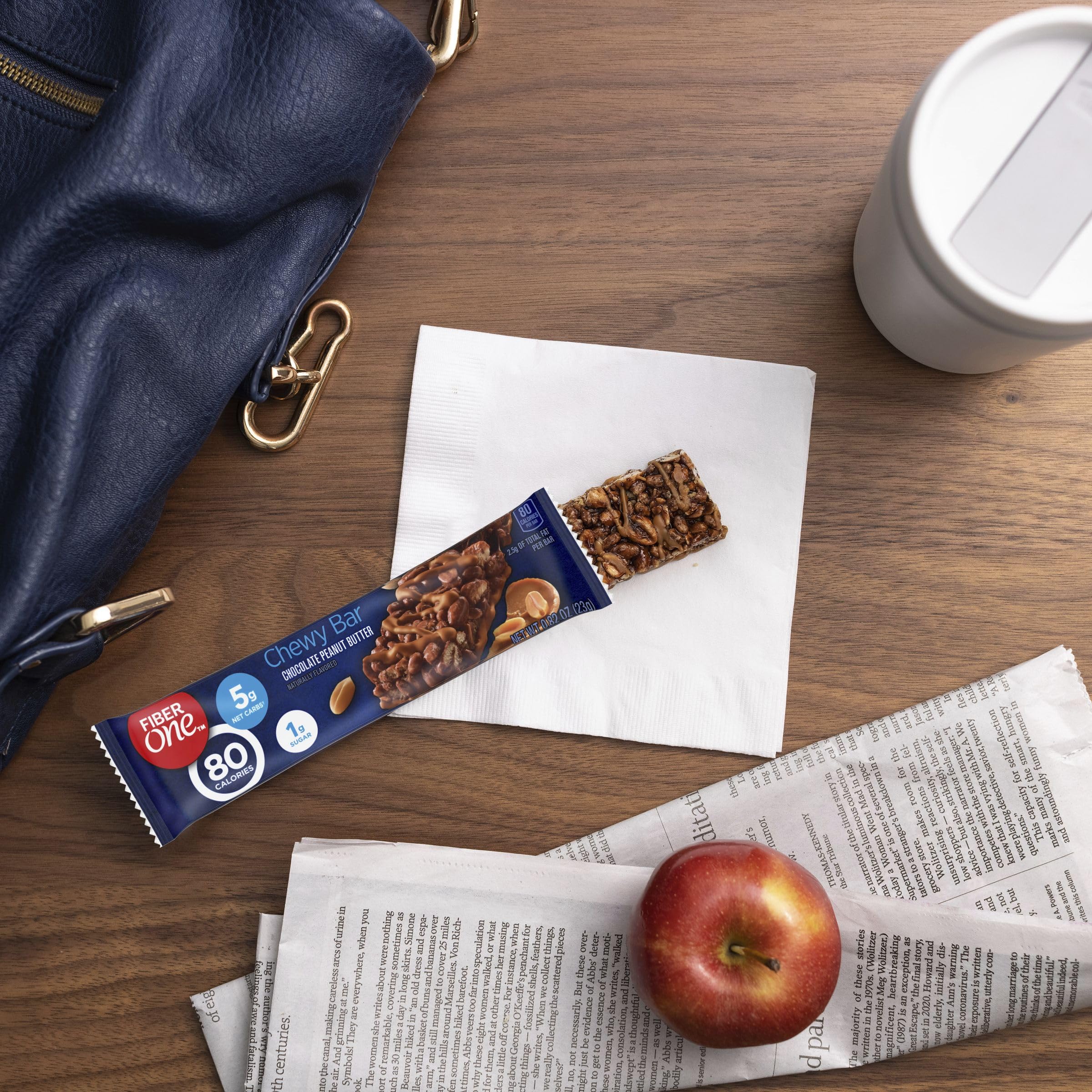 Fiber One chocolate peanut butter bar closeup emphasizes texture and drizzle.