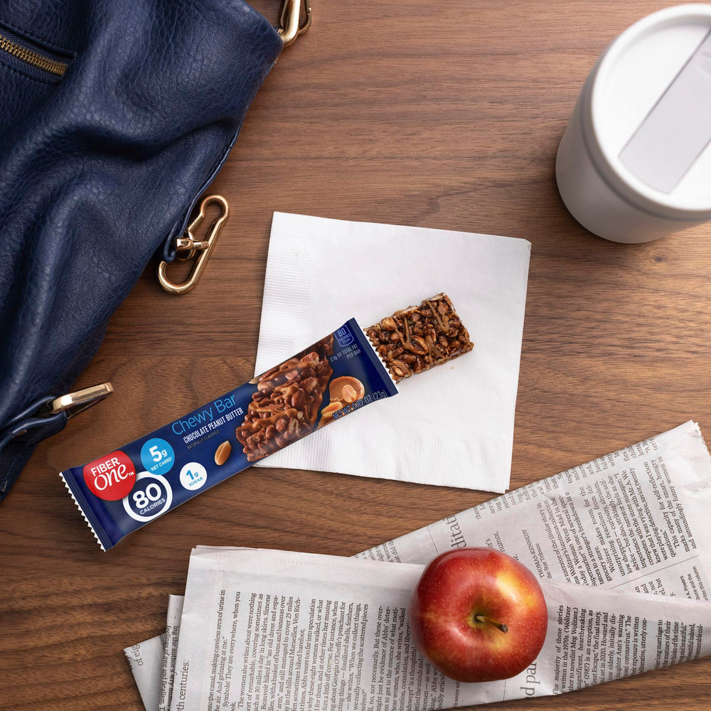 Fiber One chocolate peanut butter bar closeup emphasizes texture and drizzle.