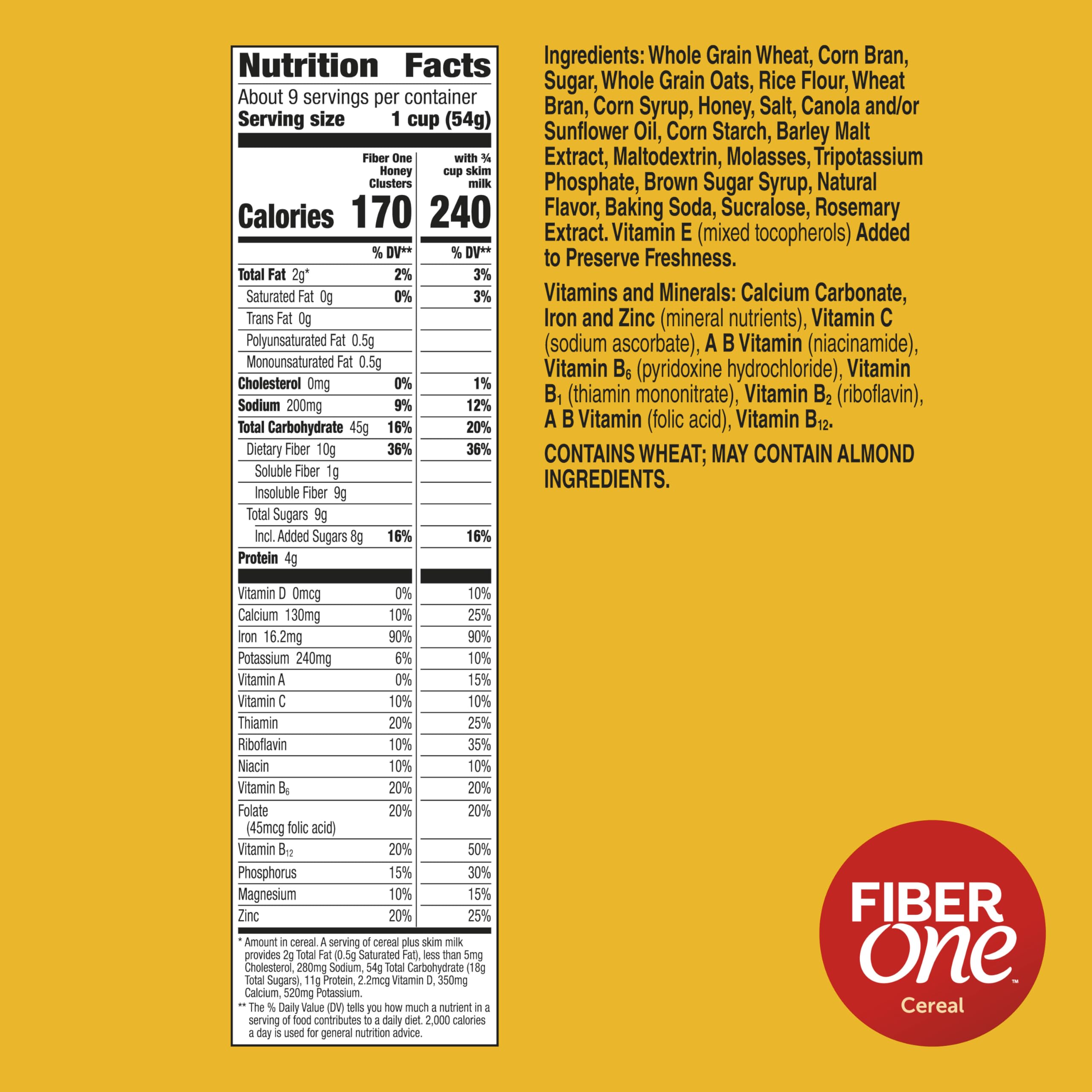 A bowl of Fiber One Honey Clusters with milk shows fiber and flavor