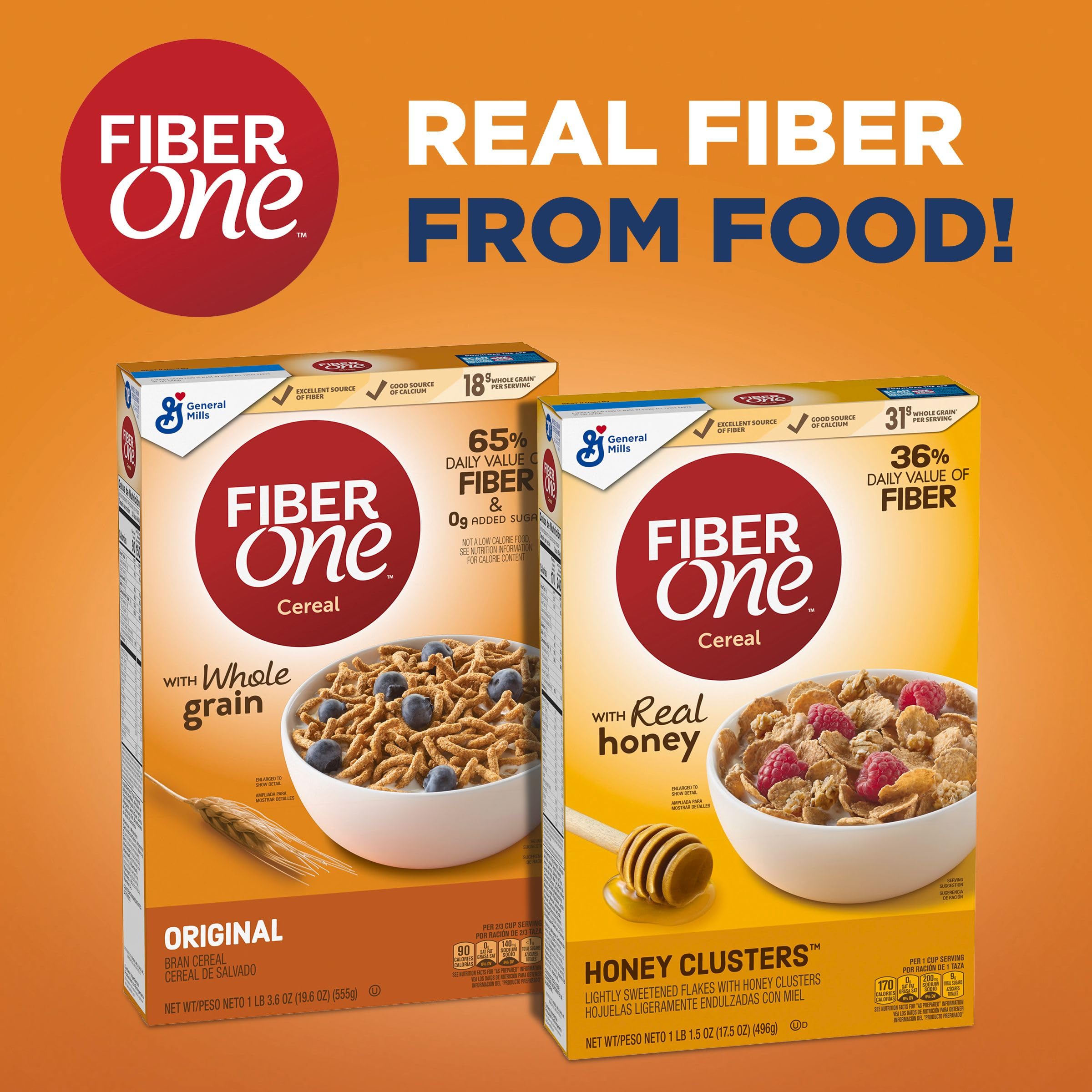 Fiber One Honey Clusters cereal box on pantry shelf as an easy breakfast option