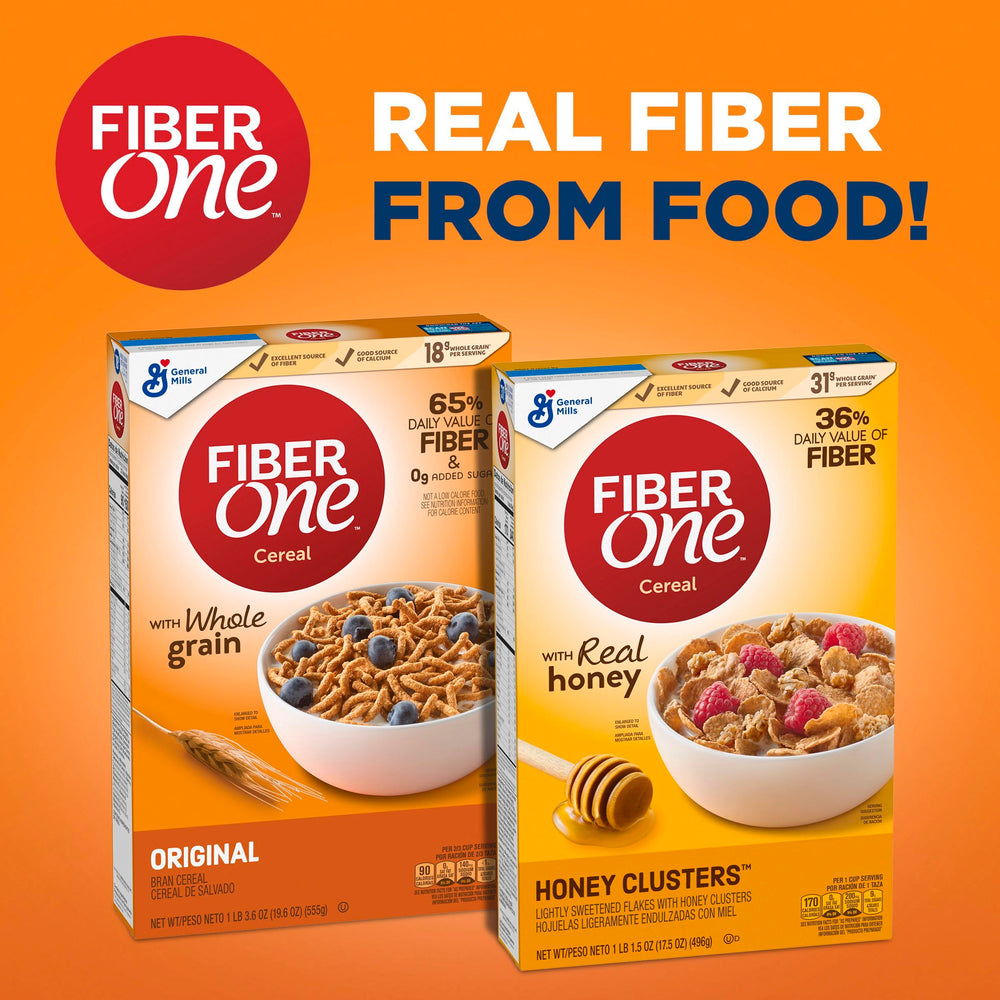 Fiber One Honey Clusters cereal box on pantry shelf as an easy breakfast option