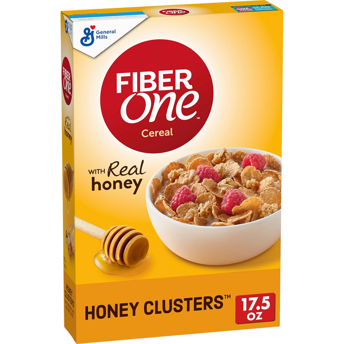 Fiber One Honey Clusters cereal box highlights whole grain and fiber