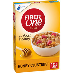 Fiber One Honey Clusters cereal box highlights whole grain and fiber