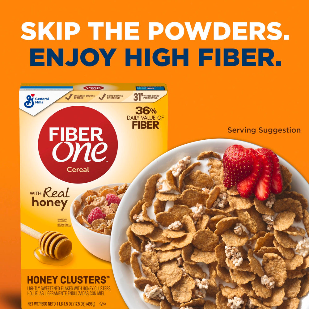 Pouring Fiber One Honey Clusters into a bowl for breakfast