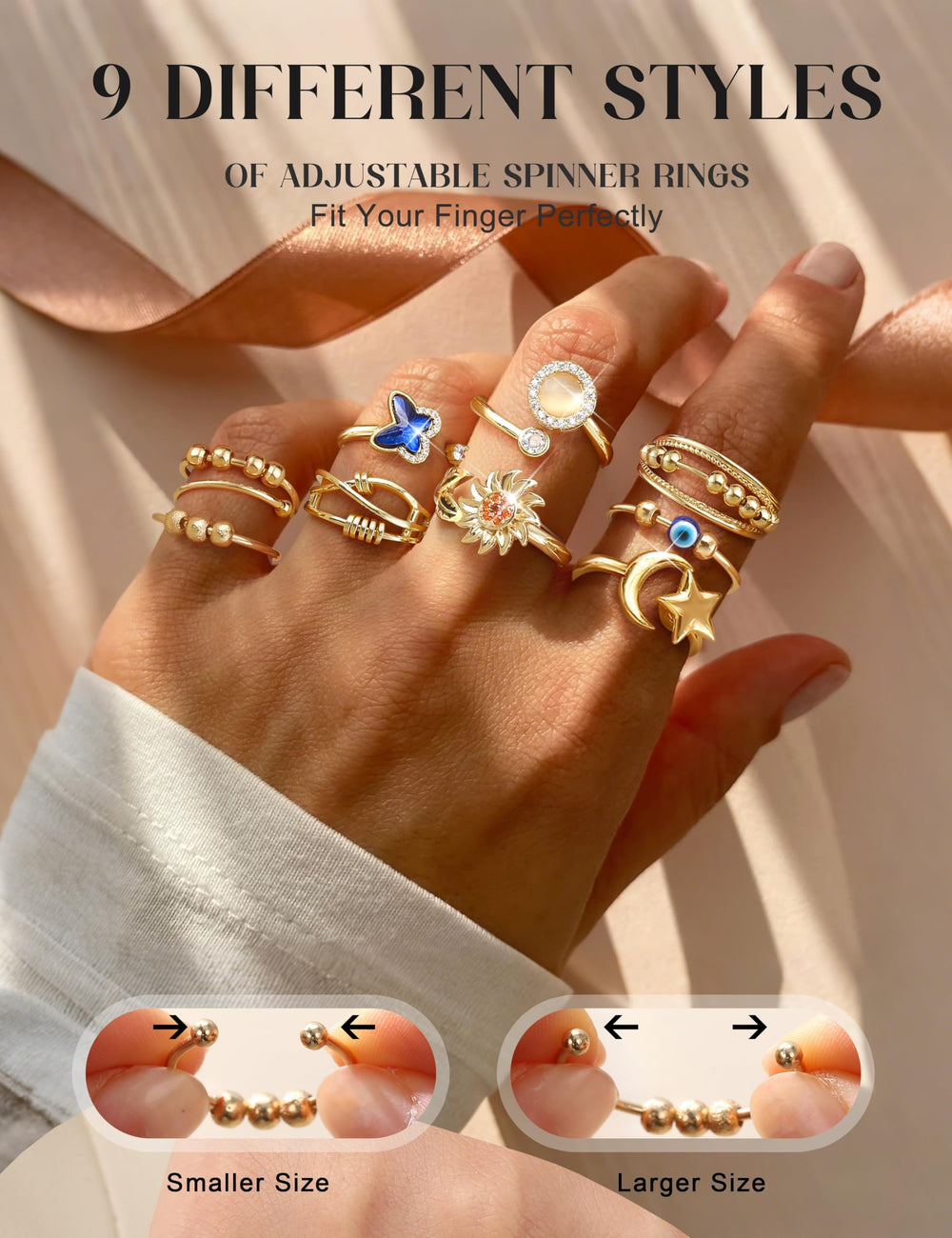 Fibo Steel 9 Pcs fidget rings Moon Star for varied outfits and focus.