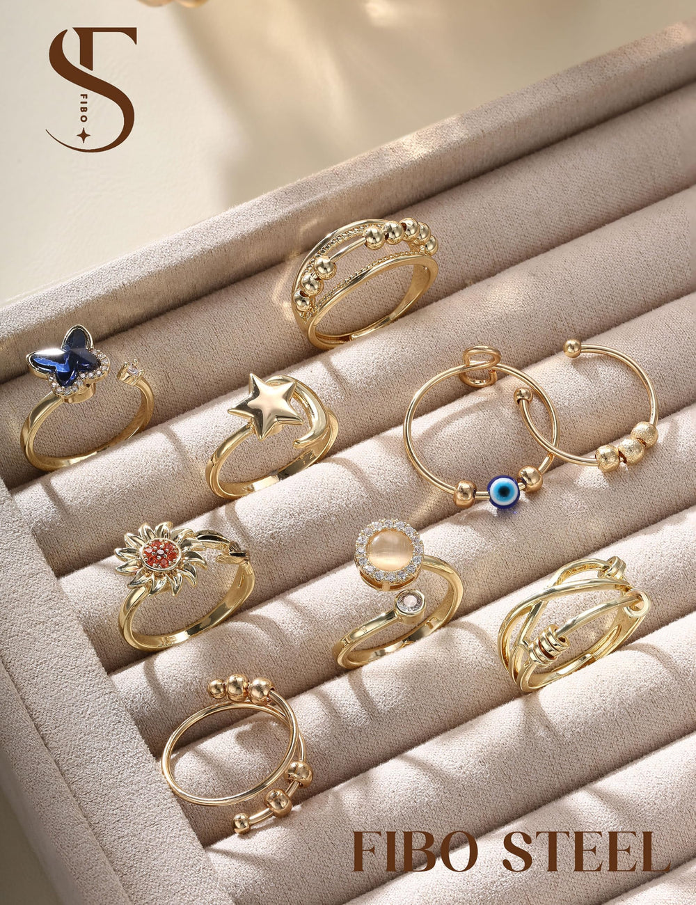 Fibo Steel 9 Pcs fidget rings Open-band adjustable for flexible sizing.