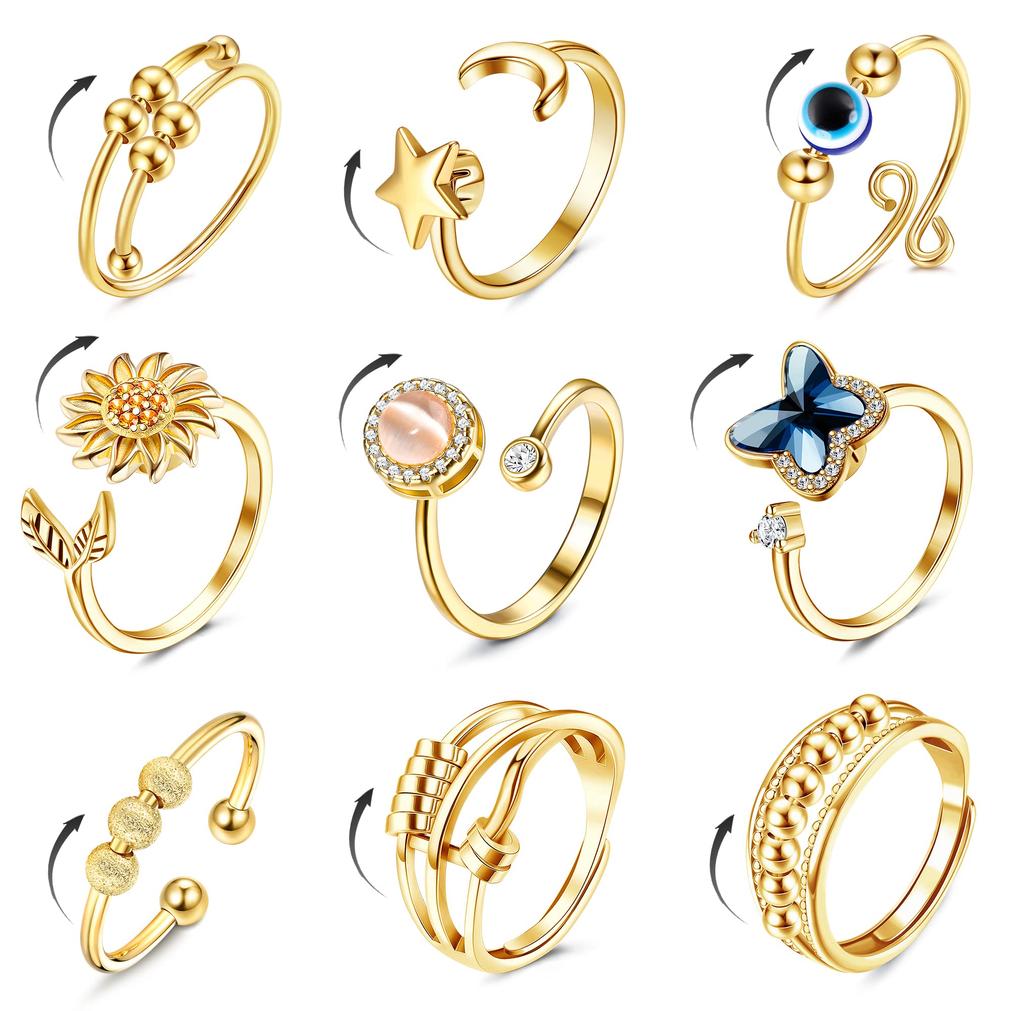 Fibo Steel 9 Pcs fidget rings Sunflower design for discreet anxiety relief.