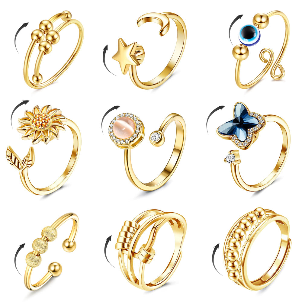 Fibo Steel 9 Pcs fidget rings Sunflower design for discreet anxiety relief.