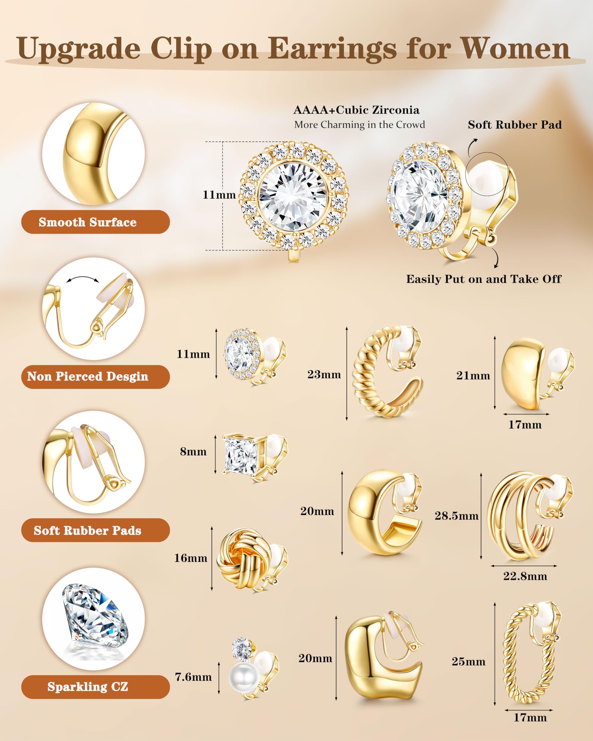 FIBO STEEL CZ stud clip-on earrings with hypoallergenic metal and silicone plugs