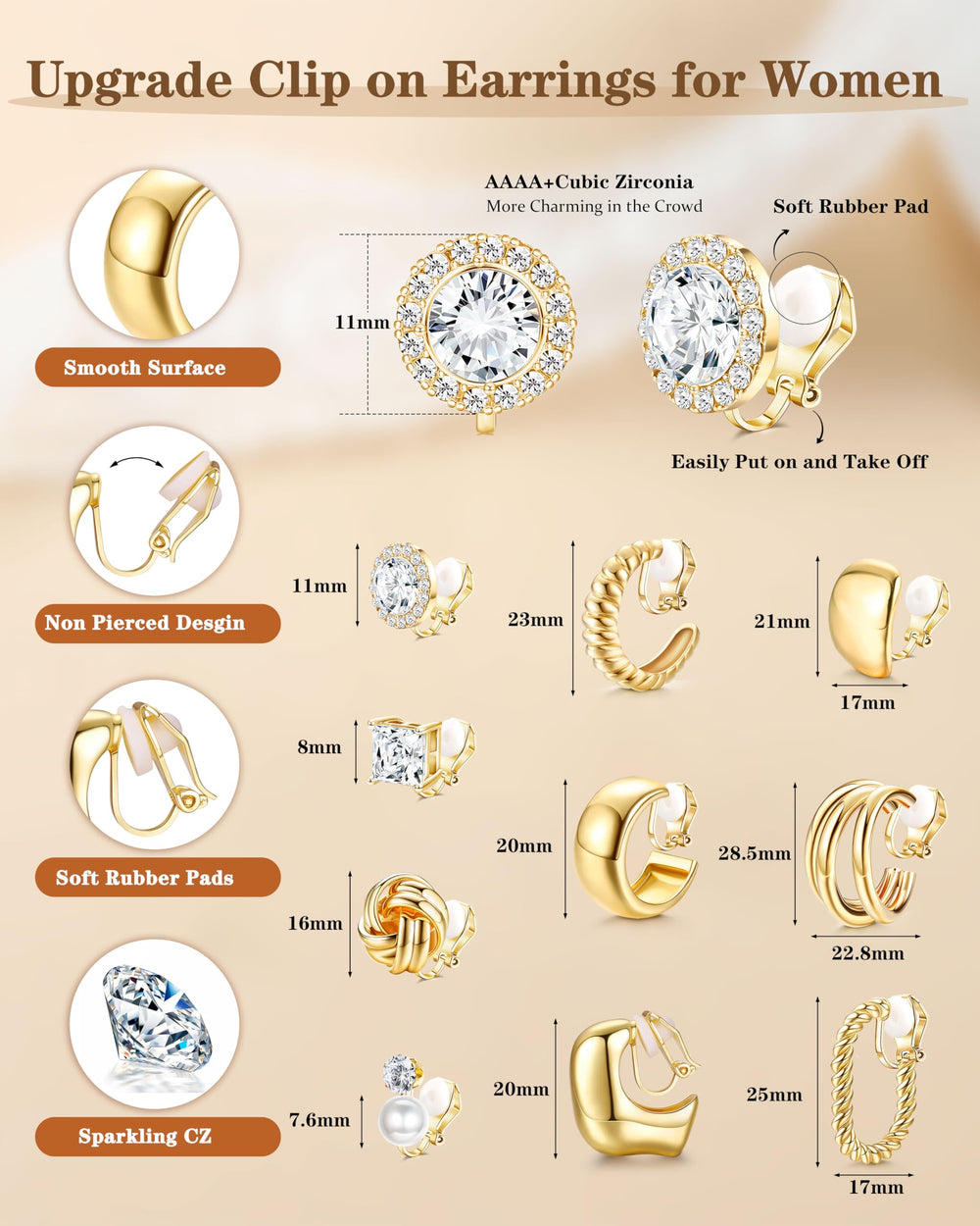 FIBO STEEL CZ stud clip-on earrings with hypoallergenic metal and silicone plugs