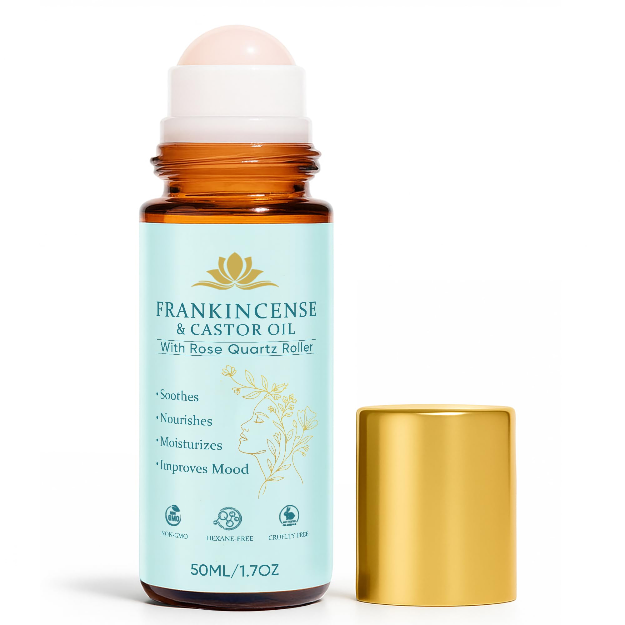 Fibosara frankincense & castor oil roll-on bottle with rose quartz roller for soothing use