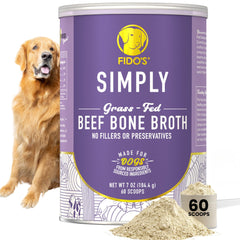 Fido's Grass-Fed Beef Bone Broth pours over dog food, enhancing mealtime flavor.
