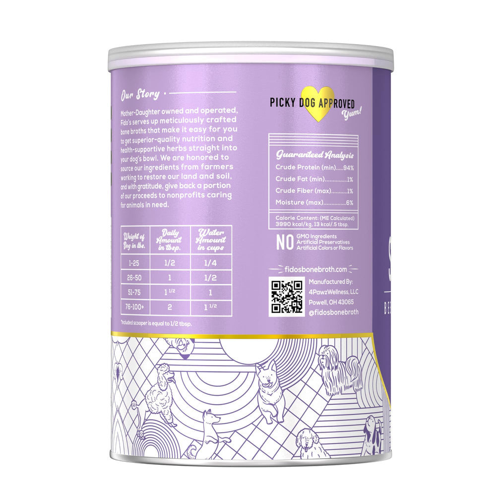 Hydration and minerals from Fido's beef bone broth powder.