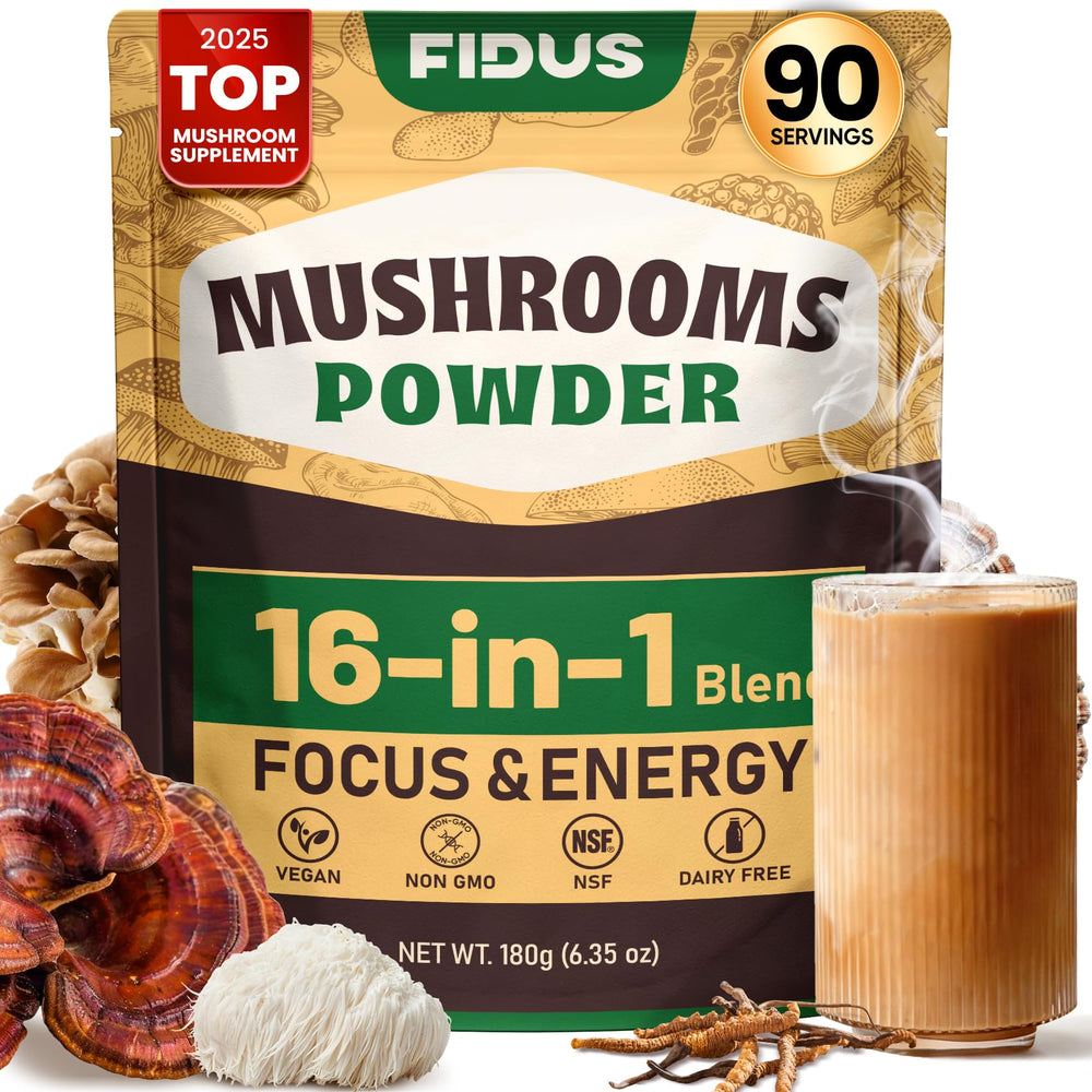 Fidus 16 Mushroom Powder bottle supports daily wellness and energy.