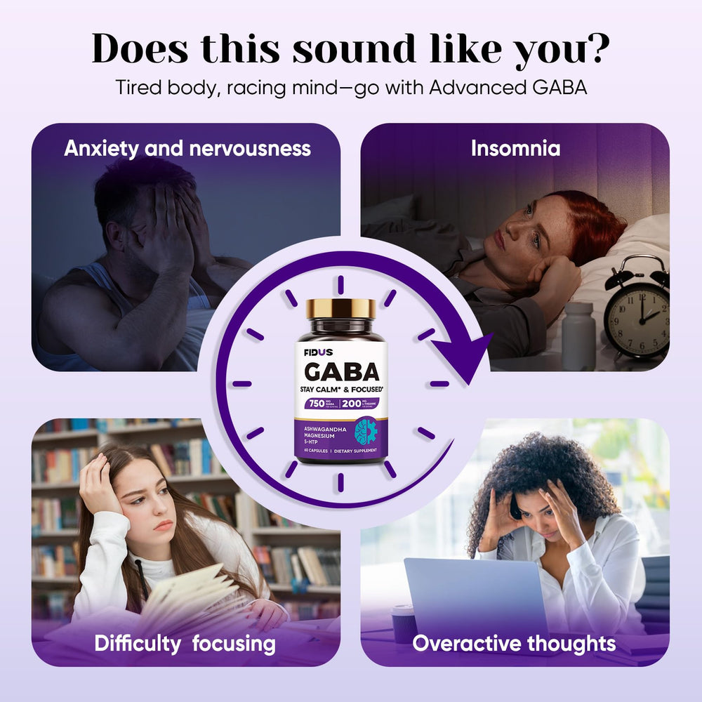 Fidus 750mg GABA capsule back shows ingredients for balanced relaxation and natural rest.