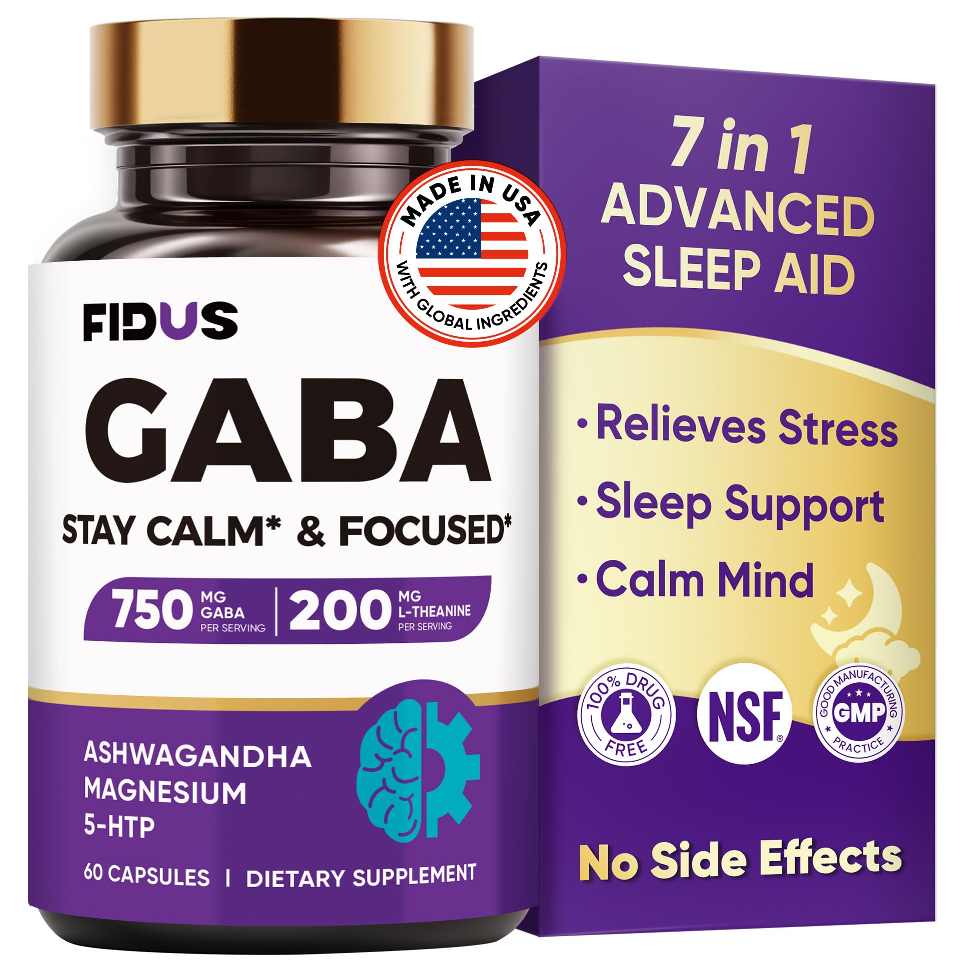 Fidus 750mg GABA L-Theanine Ashwagandha capsule front promotes calm sleep support.