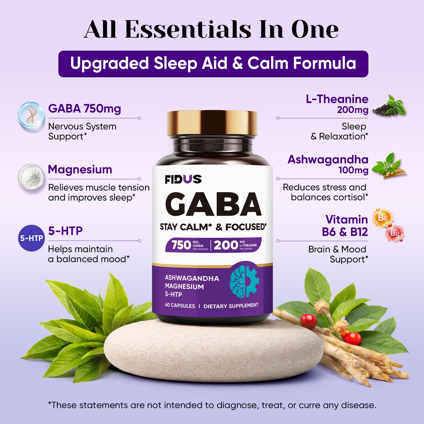 Fidus calming sleep bottle closeup highlights melatonin-free, non-habit formula.