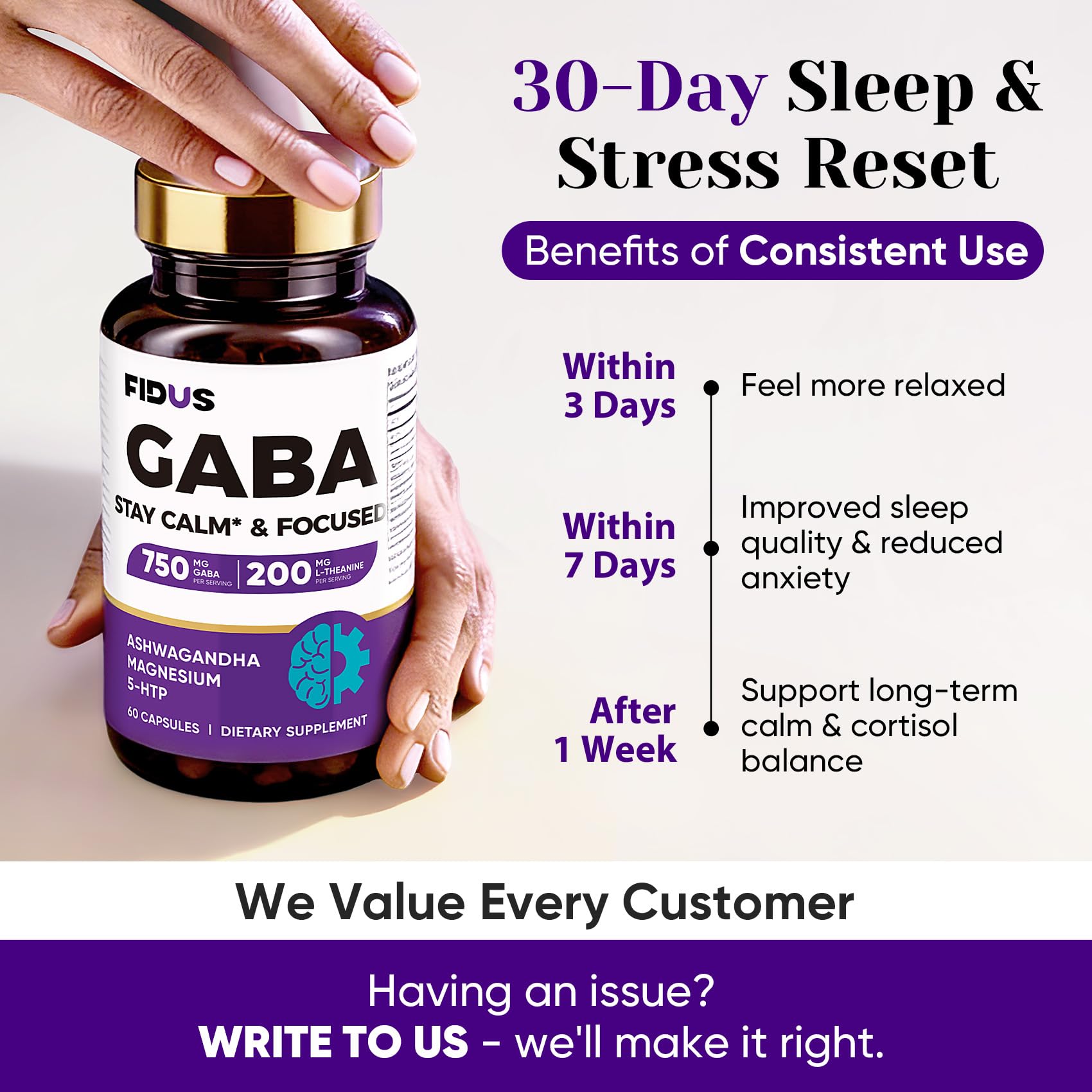 Fidus capsule pour closeup illustrates high-potency GABA and supporting minerals.
