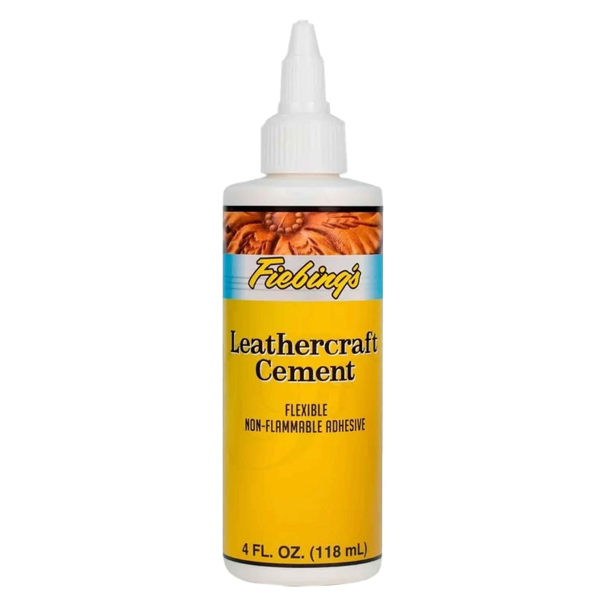 Fiebing's Leathercraft Cement bottle demonstrates quick, strong leather bonding for DIY repairs.