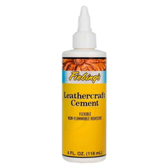 Fiebing's Leathercraft Cement bottle demonstrates quick, strong leather bonding for DIY repairs.