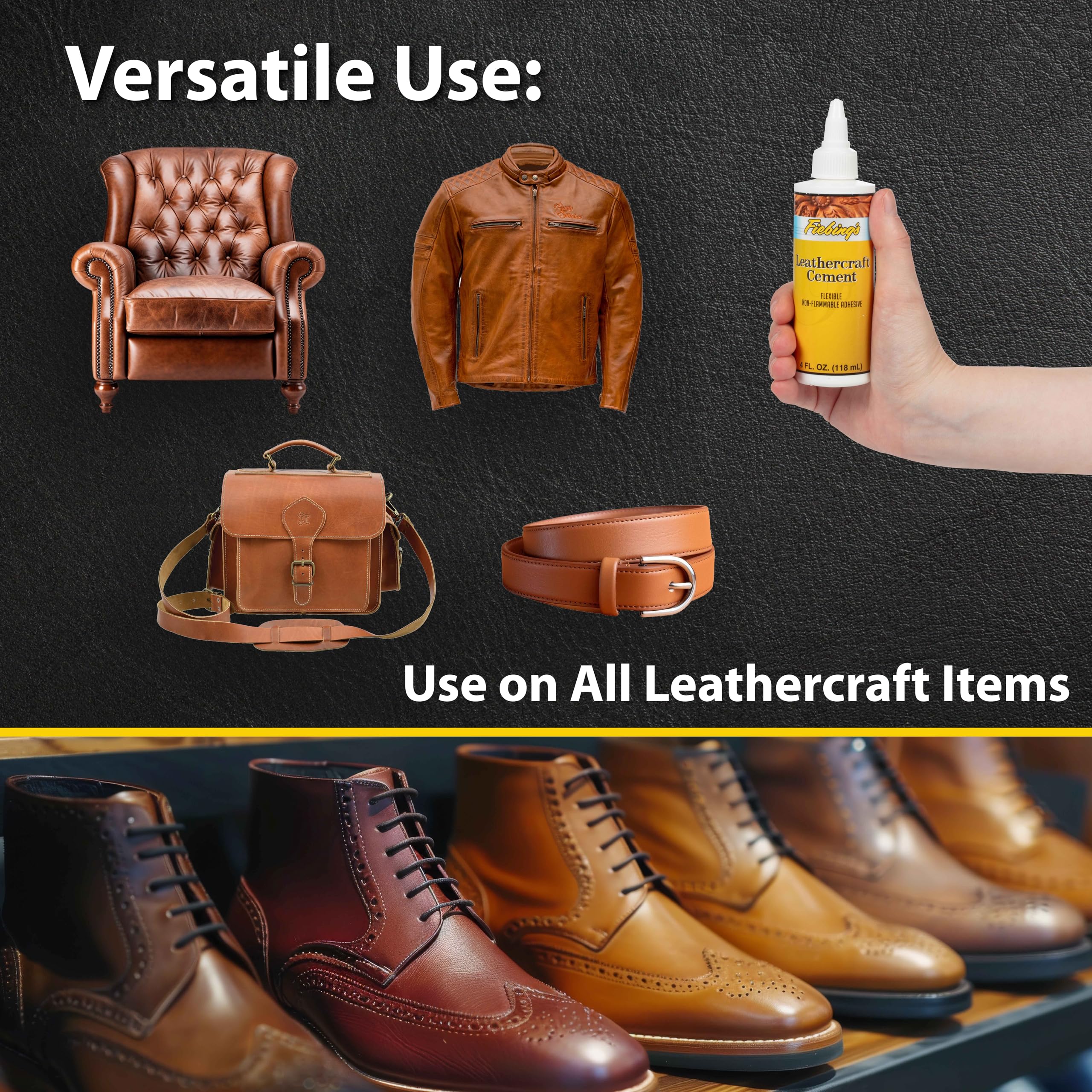 Close-up of Fiebing's Leathercraft Cement bond shows versatility for leather projects.