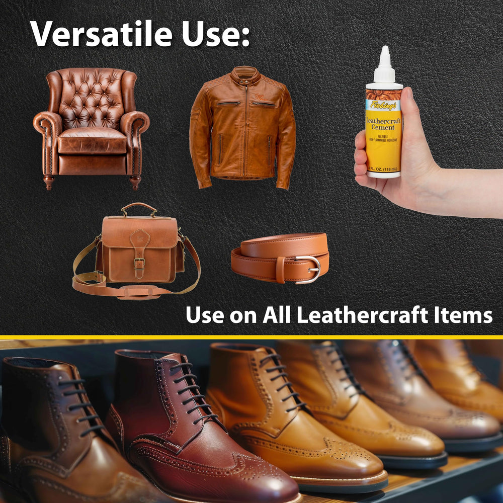 Close-up of Fiebing's Leathercraft Cement bond shows versatility for leather projects.