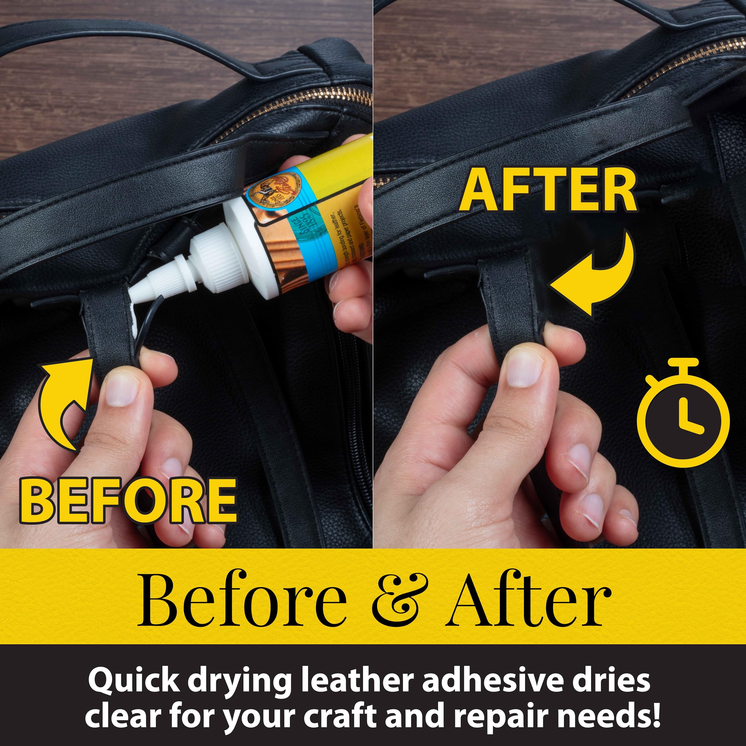 Fiebing's Leathercraft Cement label highlights non-toxic, low-flammability formula.