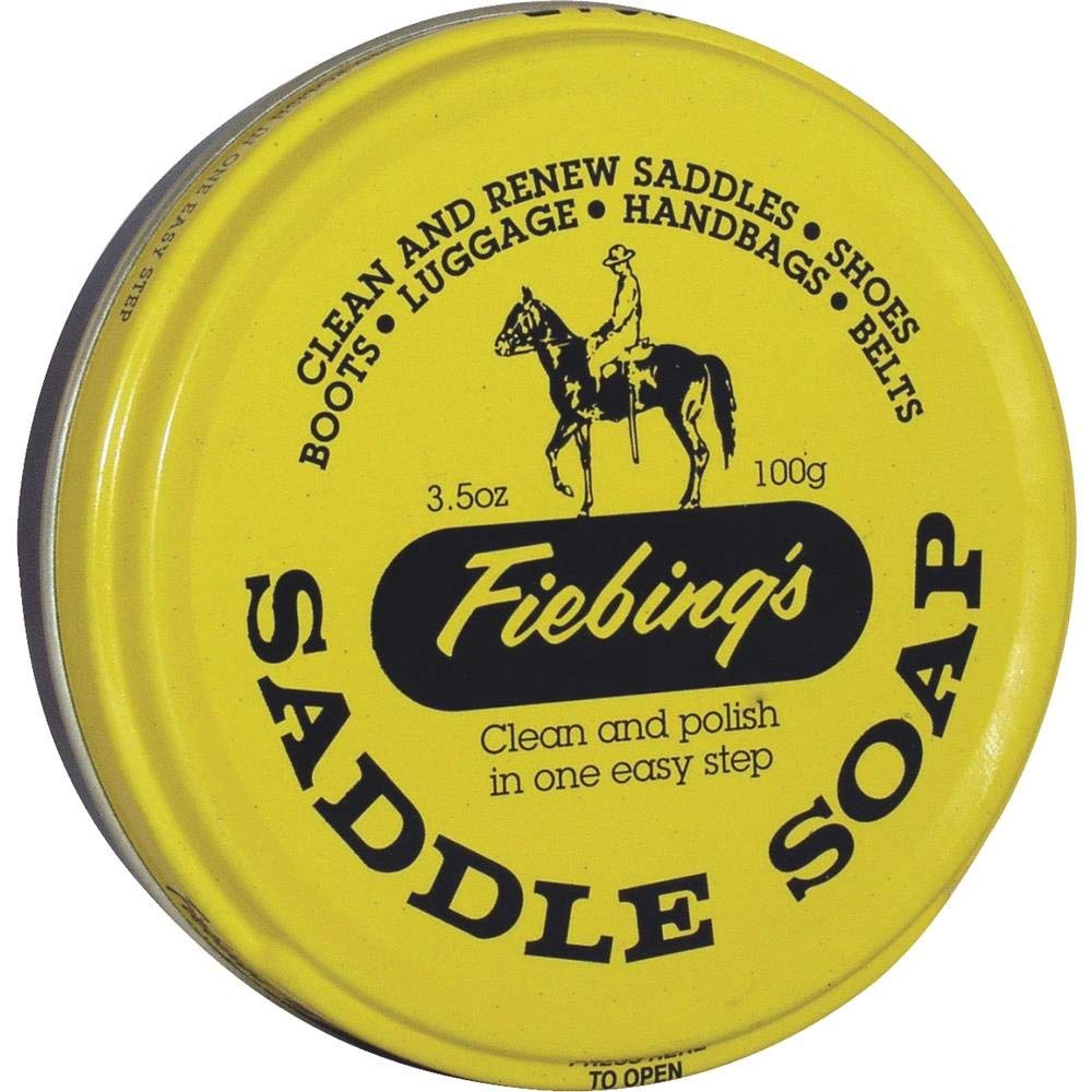 Fiebing's Yellow Saddle Soap tin cleans, conditions, and preserves leather.