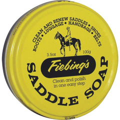 Fiebing's Yellow Saddle Soap tin cleans, conditions, and preserves leather.
