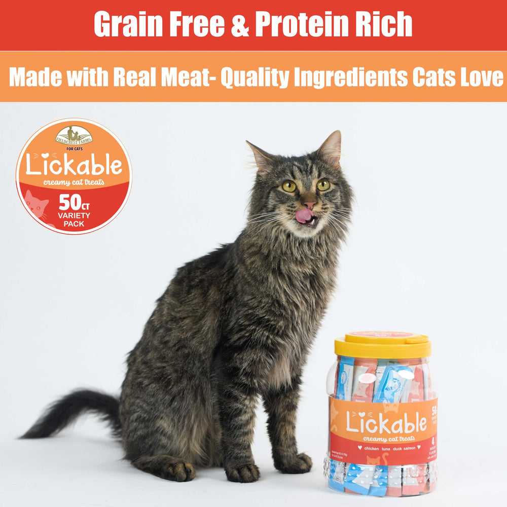 Fieldcrest Farms indoor-cat friendly lickable treats; ideal for bonding and toppers.