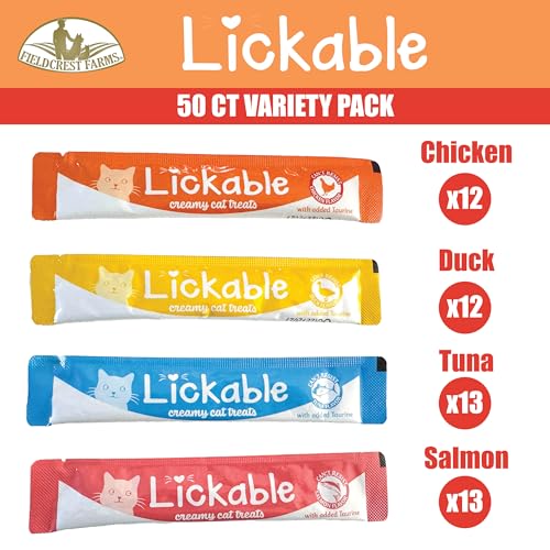 Fieldcrest Farms tuna-tube lickable treat for cats; rotating flavors keep treats interesting.