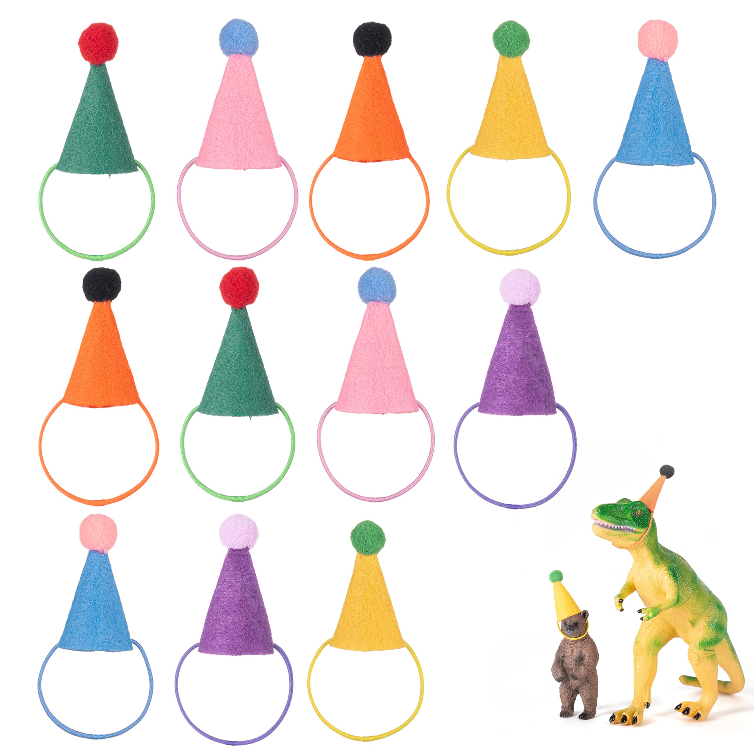 Fiestivo mini party hats on stuffed animals in bright colors for display