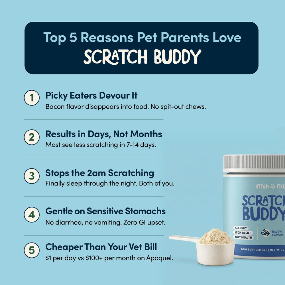 Fifth & Fido Scratch Buddy colostrum and gut support image for immune balance.