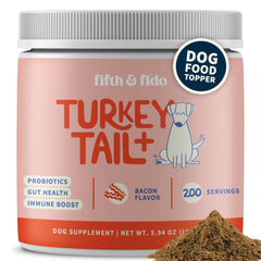 Fifth & Fido Turkey Tail bottle shown; supports canine immune health.