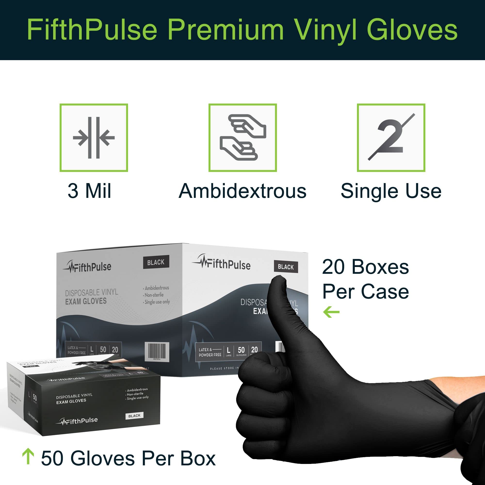 FifthPulse disposable gloves, 3 mil, 50-pack for quick restocks.