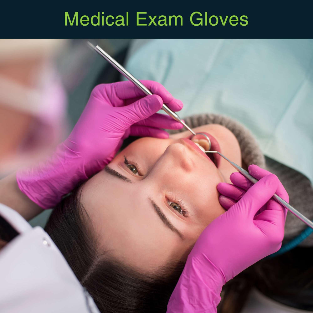 FifthPulse fuchsia nitrile gloves on display package side for quick grab-and-go