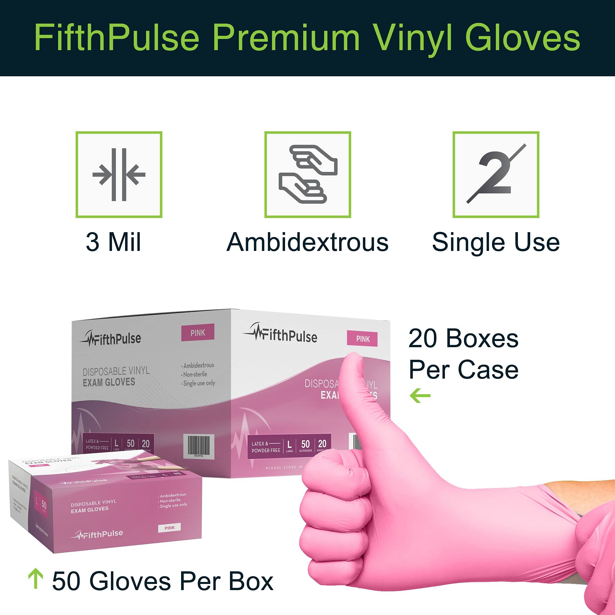 FifthPulse Pink Vinyl Gloves ambidextrous design supports quick donning