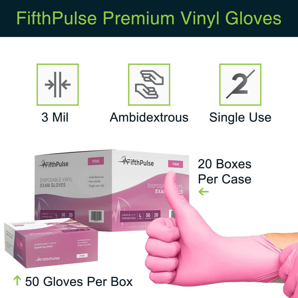 FifthPulse Pink Vinyl Gloves ambidextrous design supports quick donning