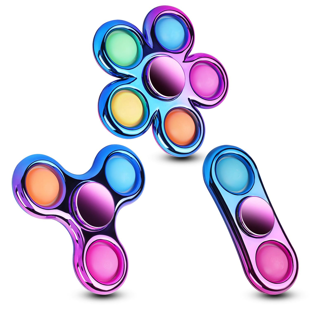 Figrol 3-pack pop spinner closeup showing tactile pops for stress relief.