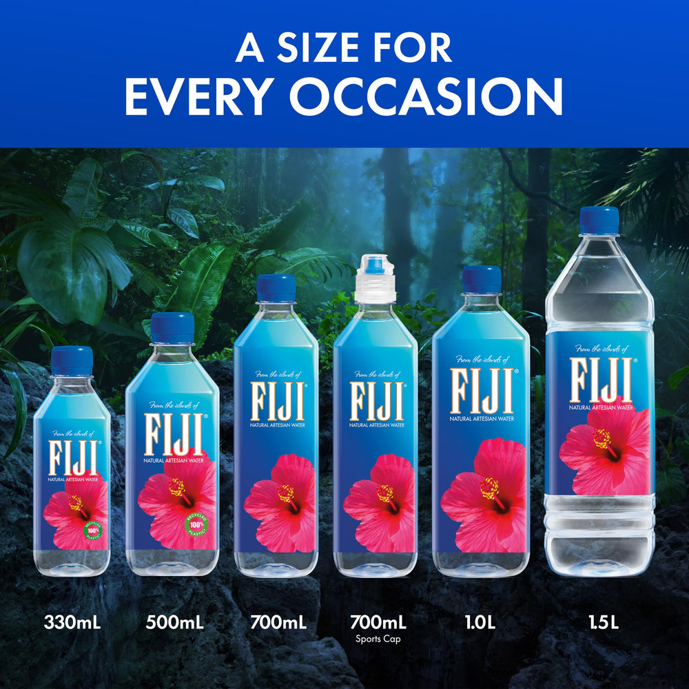 FIJI Water 1L bottle side view suitable for travel and hiking hydration.