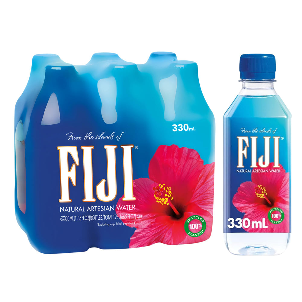 Fiji Water 330ml bottle front label, signaling premium artesian origin