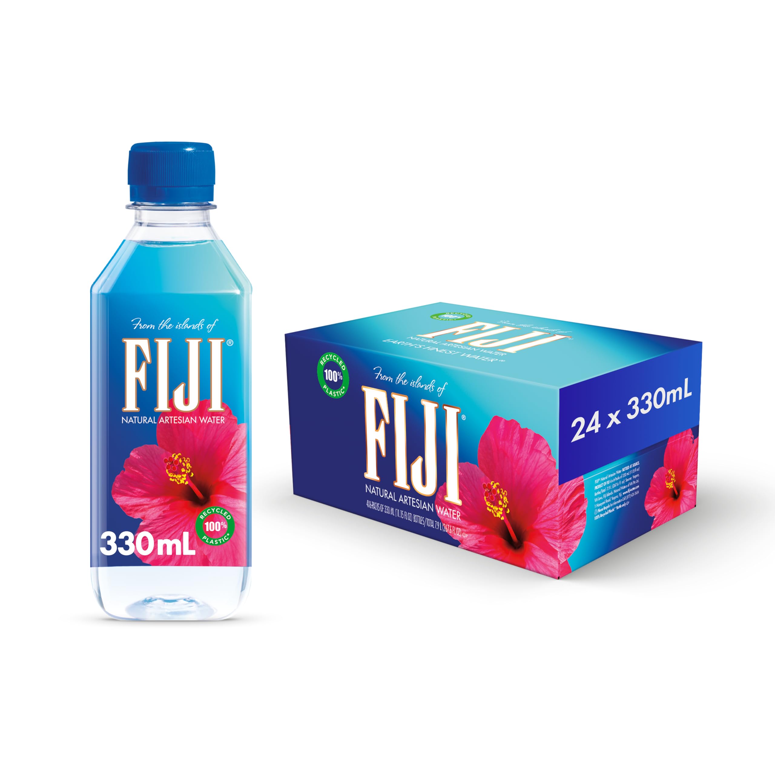 FIJI Water 330mL bottle close-up, artesian source, smooth taste for everyday hydration.