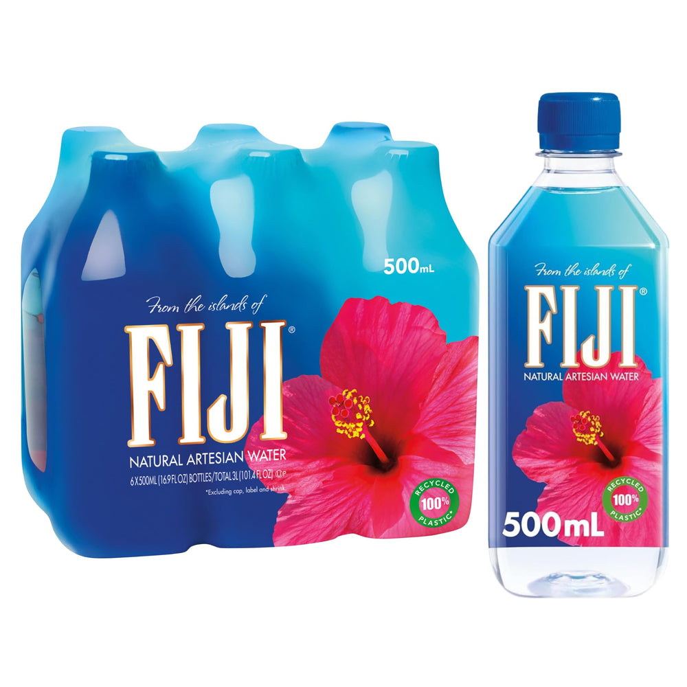 FIJI Water 500 mL bottle front view for on-the-go hydration.
